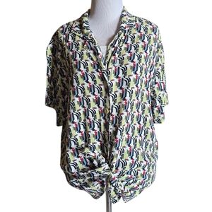Flax Geometric Vintage Vibe Rayon Short Sleeve Button Down Size Medium